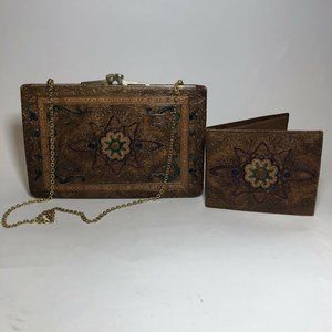 VTG 70s Tooled Leather Handbag + Wallet set